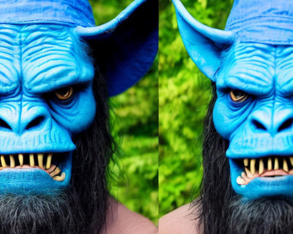 Blue Orc Mask with Pointy Ears and Black Hair on Green Leafy Background