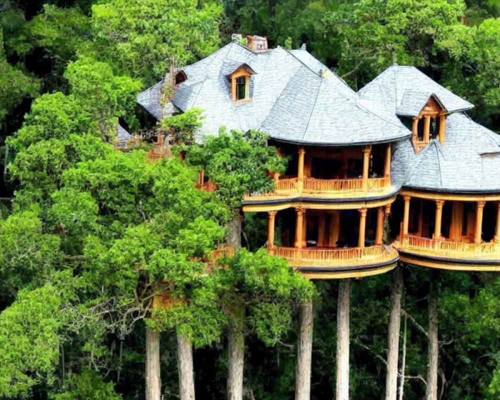 Multi-tiered treehouse with gray shingled roof in lush green forest