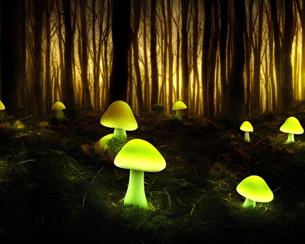 Mystical glowing mushrooms in forest at sunset