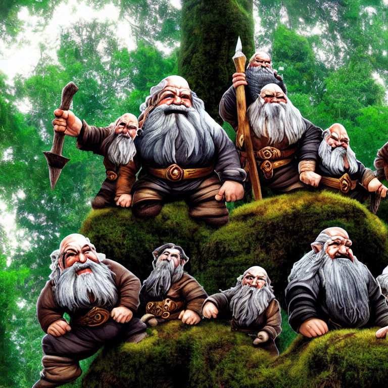 Fantasy dwarves with beards and axes in forest setting