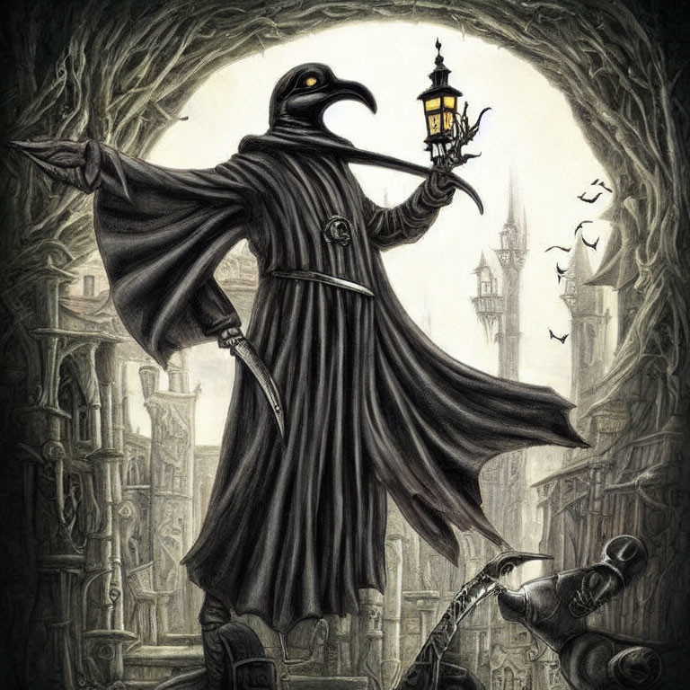 Mysterious cloaked figure in gothic alleyway with lantern