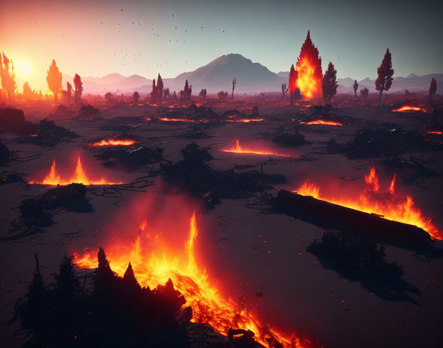 Surreal volcanic landscape: fiery eruptions, glowing lava, silhouetted trees, h