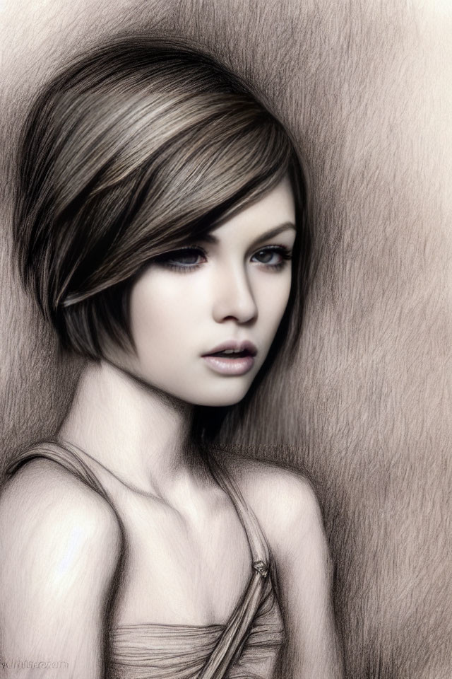 Stylized young woman with short brown hair and blue eyes in draped top on textured background