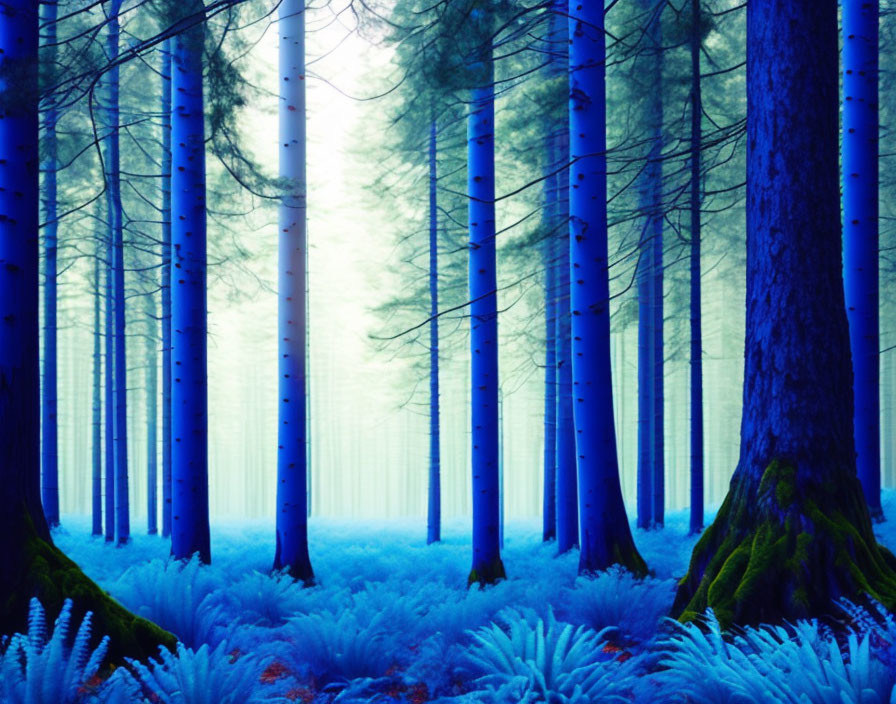 Mystical Blue Forest with Tall Trees and Foggy Ambiance