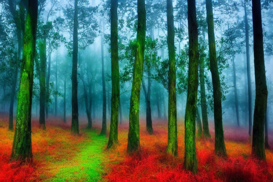 Colorful forest scene with red undergrowth, green trees, and blue fog.