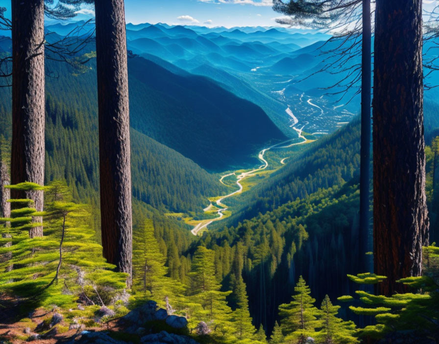 Lush green forest valley with winding river and tall pine trees under blue sky.