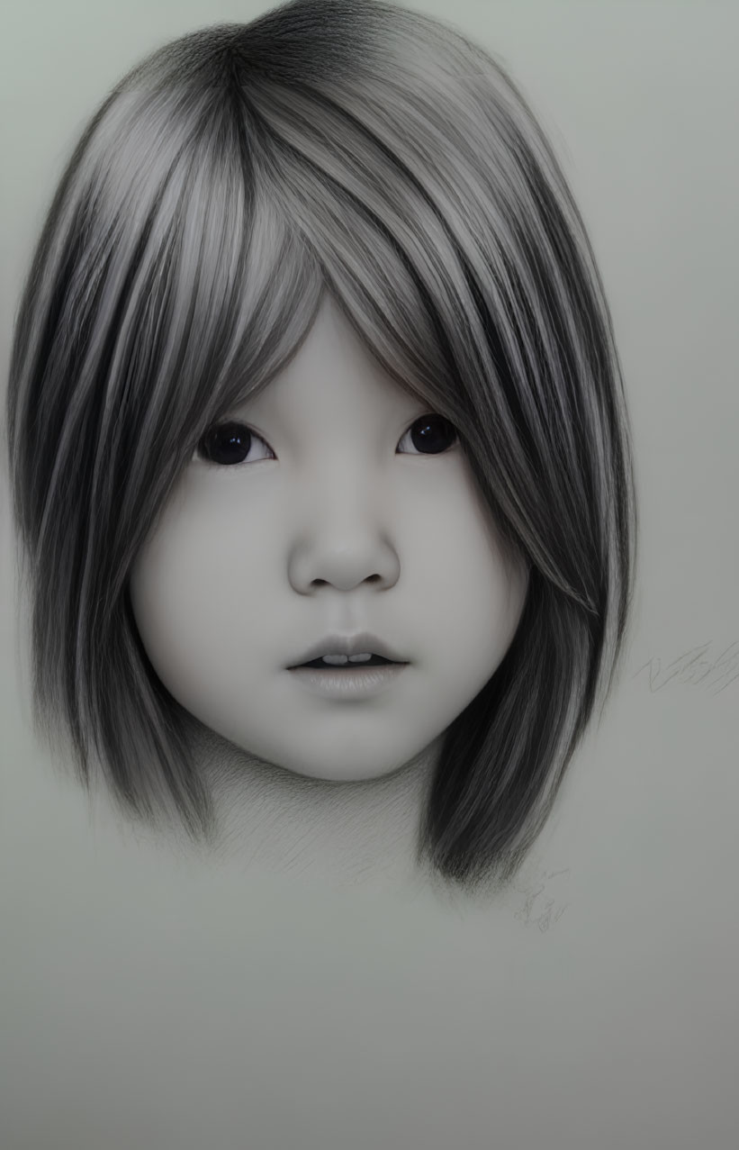 Monochrome portrait of a child with striking eyes and layered haircut