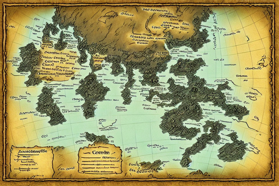 Detailed vintage-style fantasy map with landmasses, mountains, seas, and ornate script labels