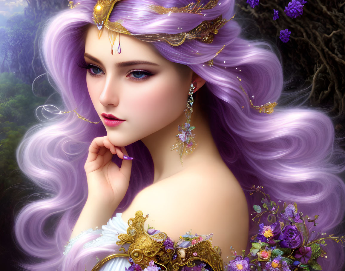 Fantastical woman with purple hair, golden tiara, earrings, and floral bouquet