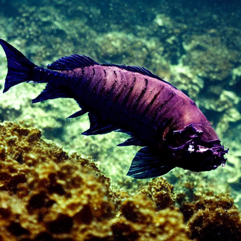 Dark Fish Swimming Above Coral in Clear Underwater with Dappled Sunlight