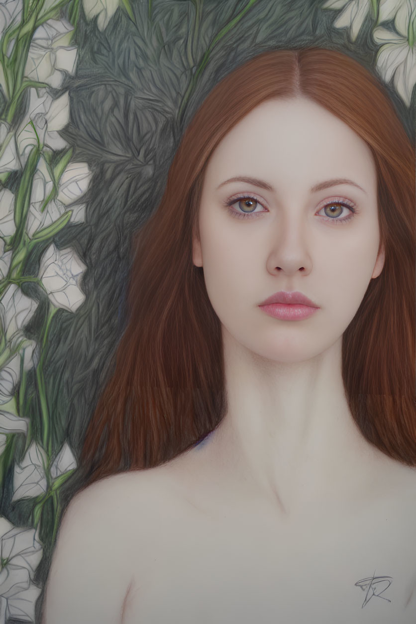 Portrait of Woman with Red Hair and Brown Eyes Among White and Green Flora