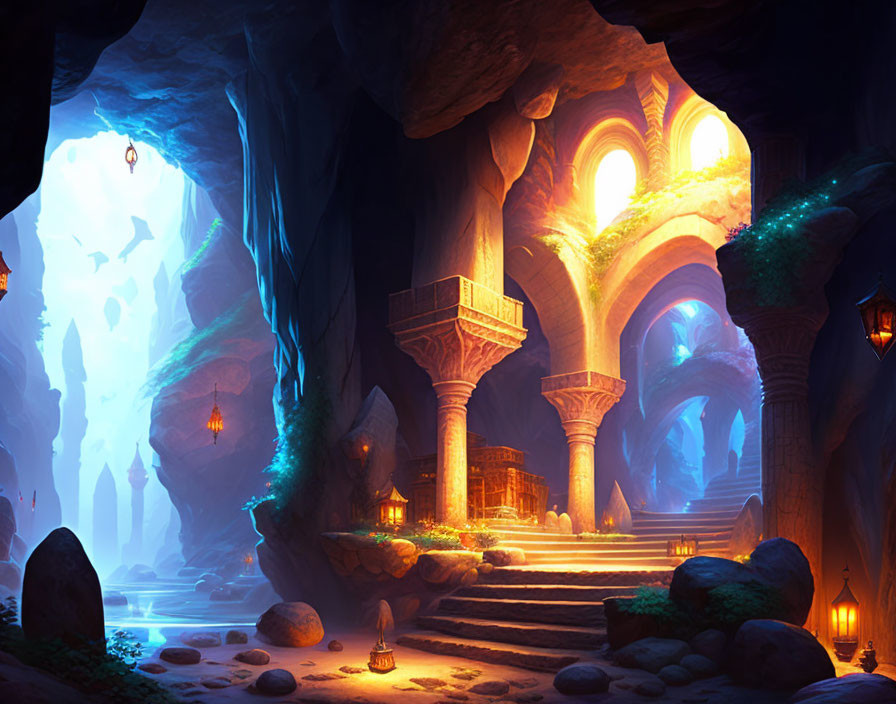 Mystical underground cavern with glowing plants, stone pillars, arches, and staircase.