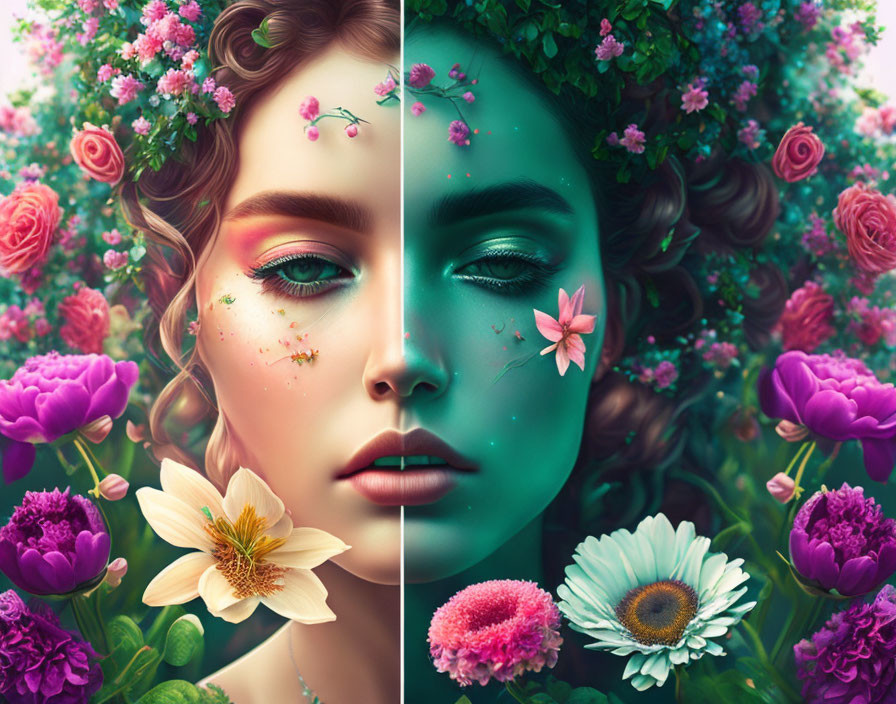 Split-image portrait: Woman with vibrant flower adornment, warm and cool tones merge, symbolizing nature