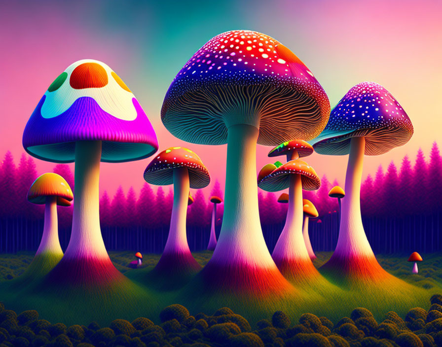 Colorful oversized whimsical mushrooms in fantastical forest under purple-pink sky