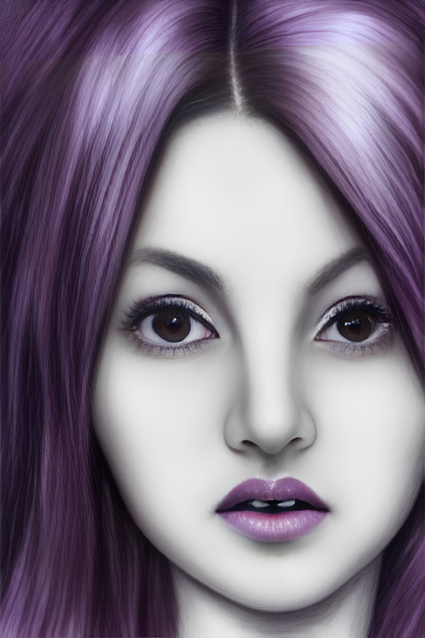 Digital artwork: Pale-skinned person with purple hair, dark eyes, and glossy lips