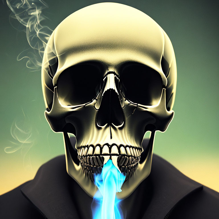 Golden skull emitting blue flames and smoke on green background