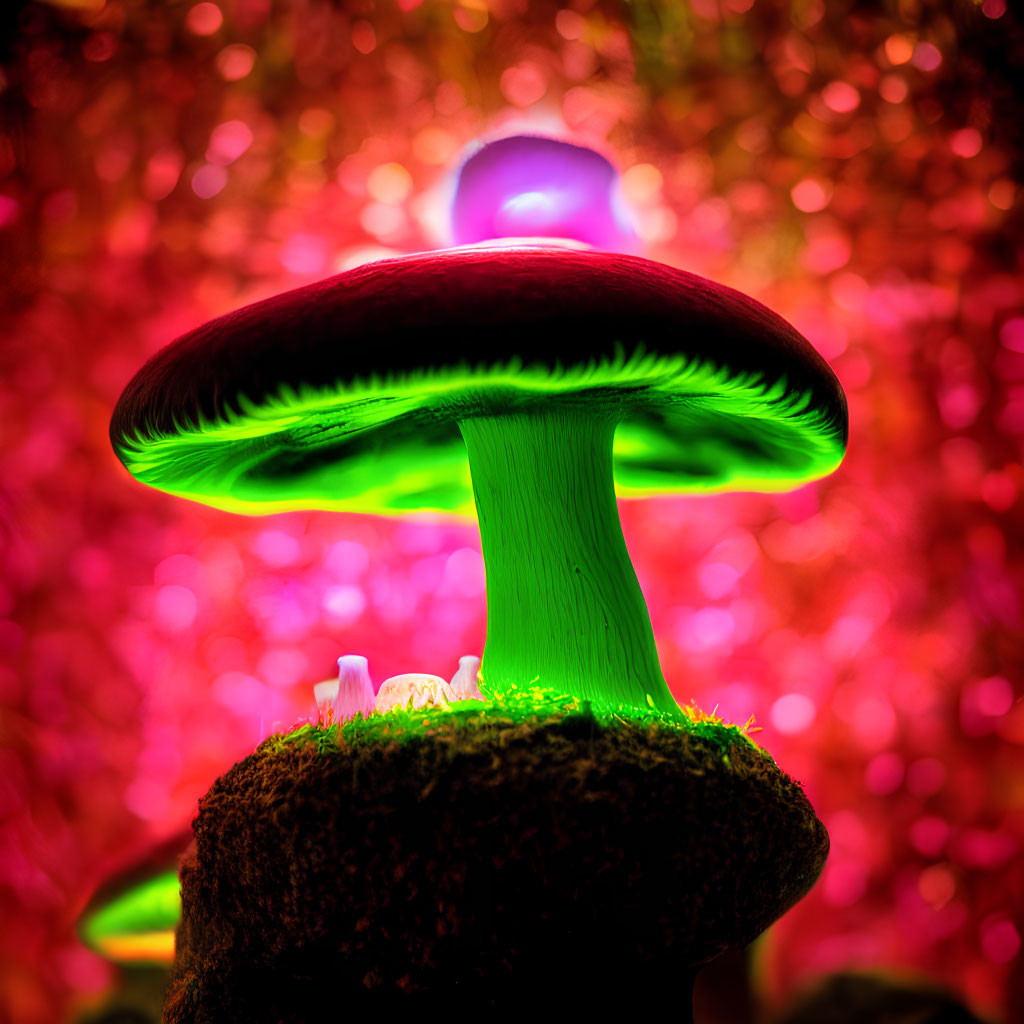 Vivid Green Mushroom with Red Cap on Pink Background