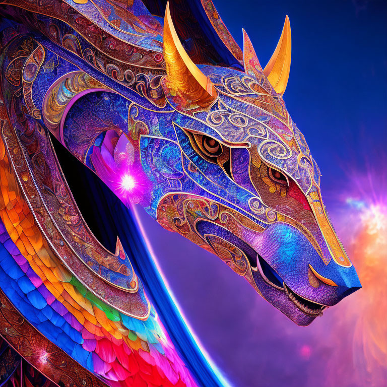 Colorful Dragon Art with Cosmic Background and Glowing Eye