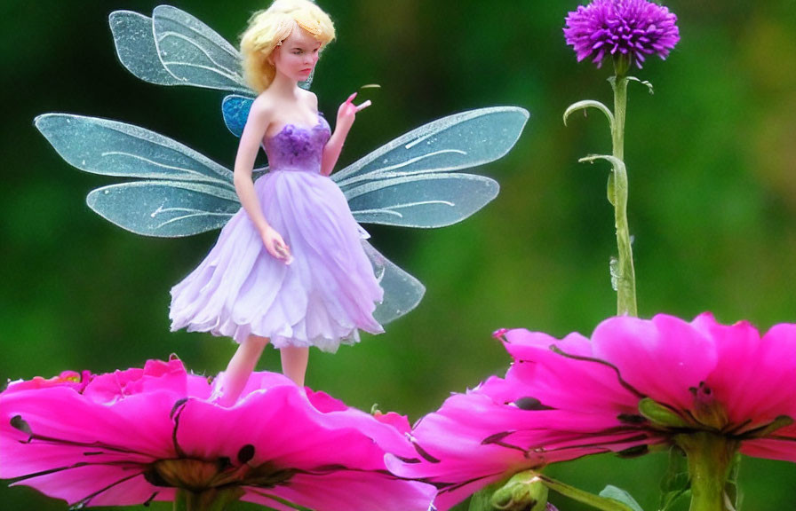 Translucent winged fairy doll on pink flowers against green backdrop