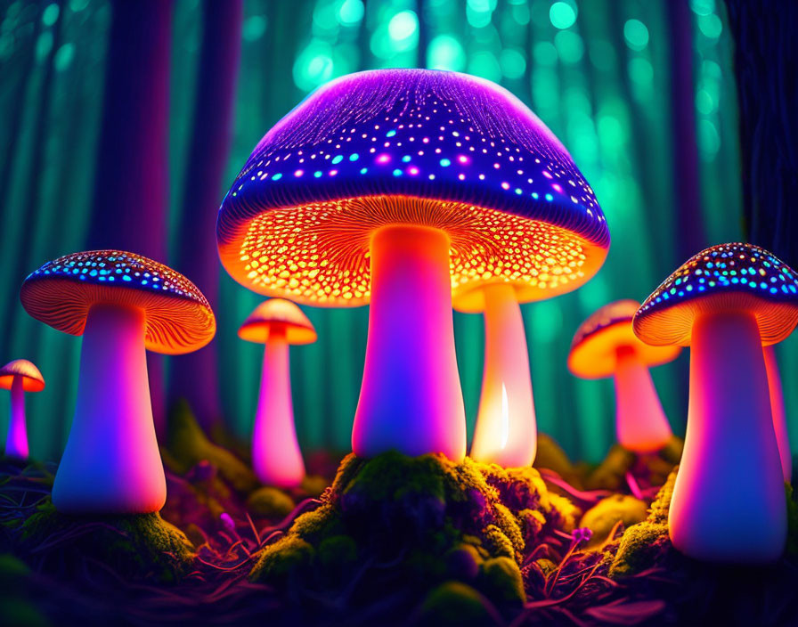 Colorful Neon Fantasy Mushrooms in Enchanted Forest