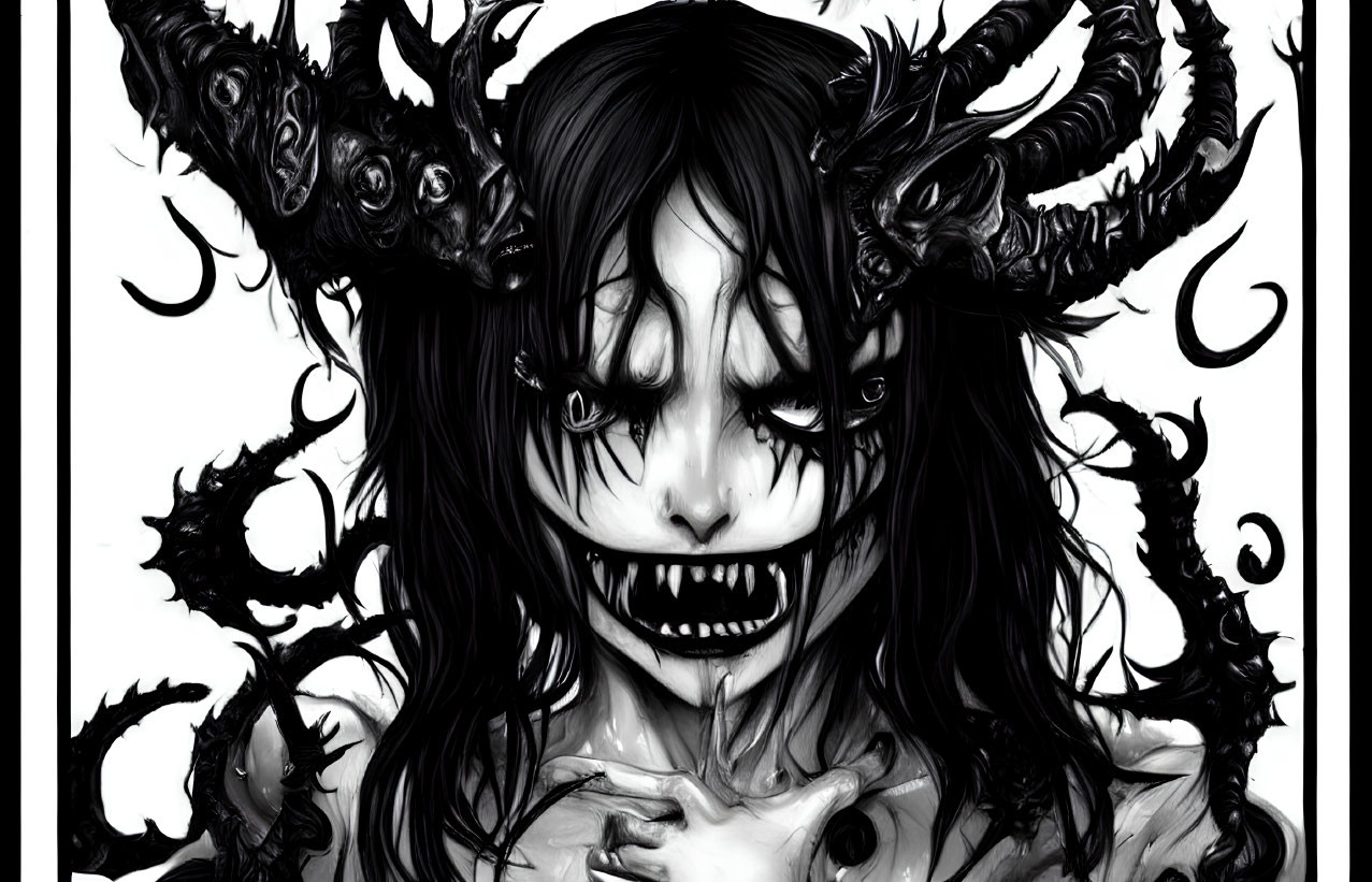 Monochromatic artwork of sinister figure with multiple horns, sharp teeth, and several eyes