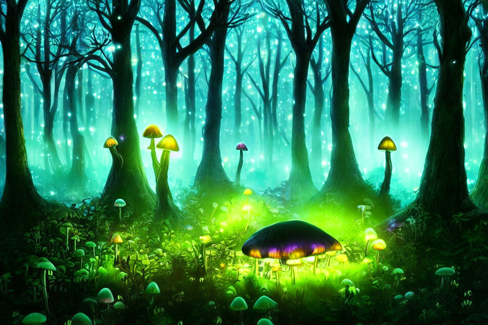 Enchanting forest with glowing mushrooms and vibrant green aurora light