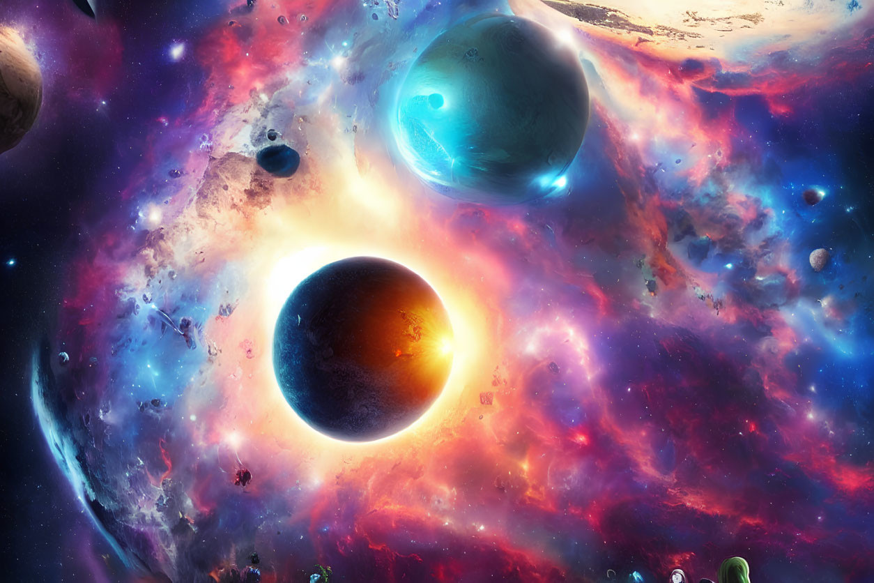 Colorful space scene with glowing star, nebulas, and planets in cosmic backdrop