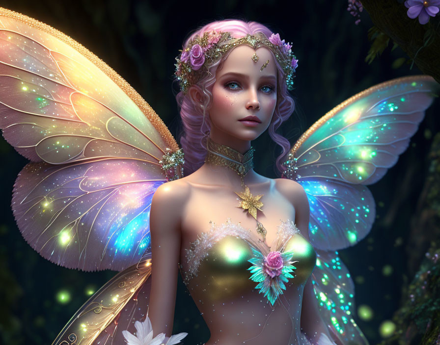 Delicate fairy with luminescent wings in mystical forest