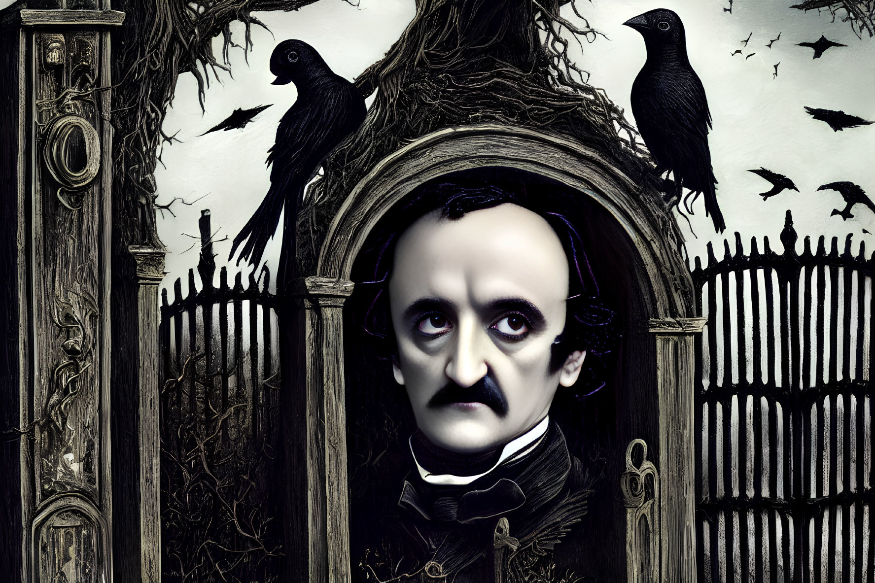 Dark and eerie Edgar Allan Poe-themed illustration with brooding eyes, black ravens, barren tree,