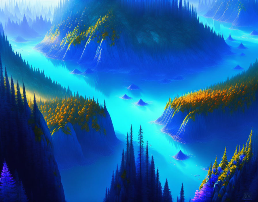 Tranquil mountain landscape with serene lake and evergreen trees