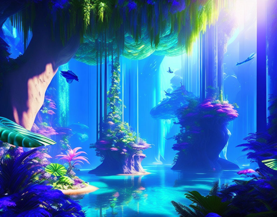 Vibrant underwater flora, light beams, fish around tree-like structures