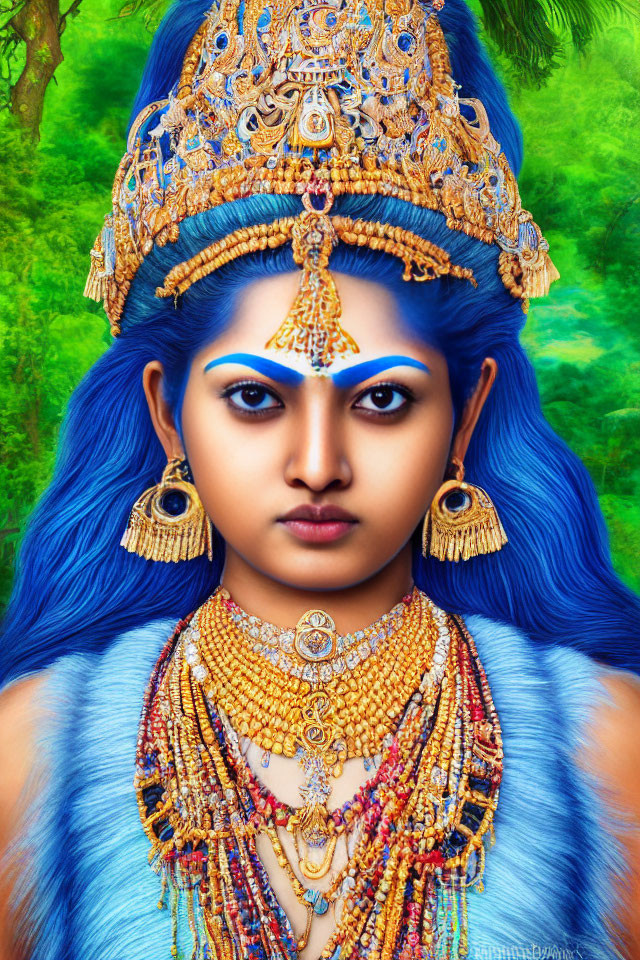 Vibrant blue-skinned female figure with golden headgear on green backdrop