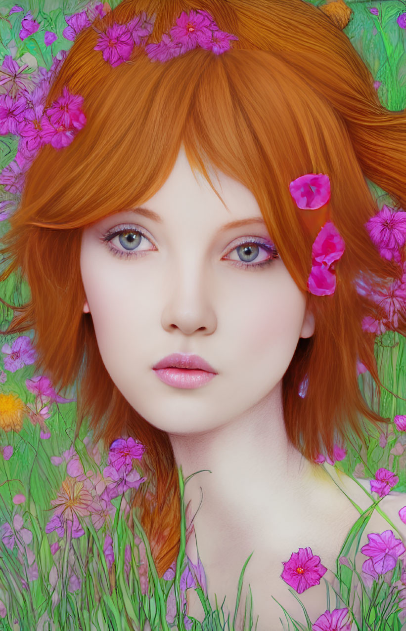 Digital art portrait of female figure with red hair and purple eyes, surrounded by vibrant flowers