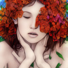 Digital art portrait of female figure with red hair and purple eyes, surrounded by vibrant flowers