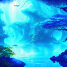 Tranquil Blue Fantasy Forest with Mist and Calm Lake