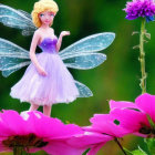 Translucent winged fairy doll on pink flowers against green backdrop