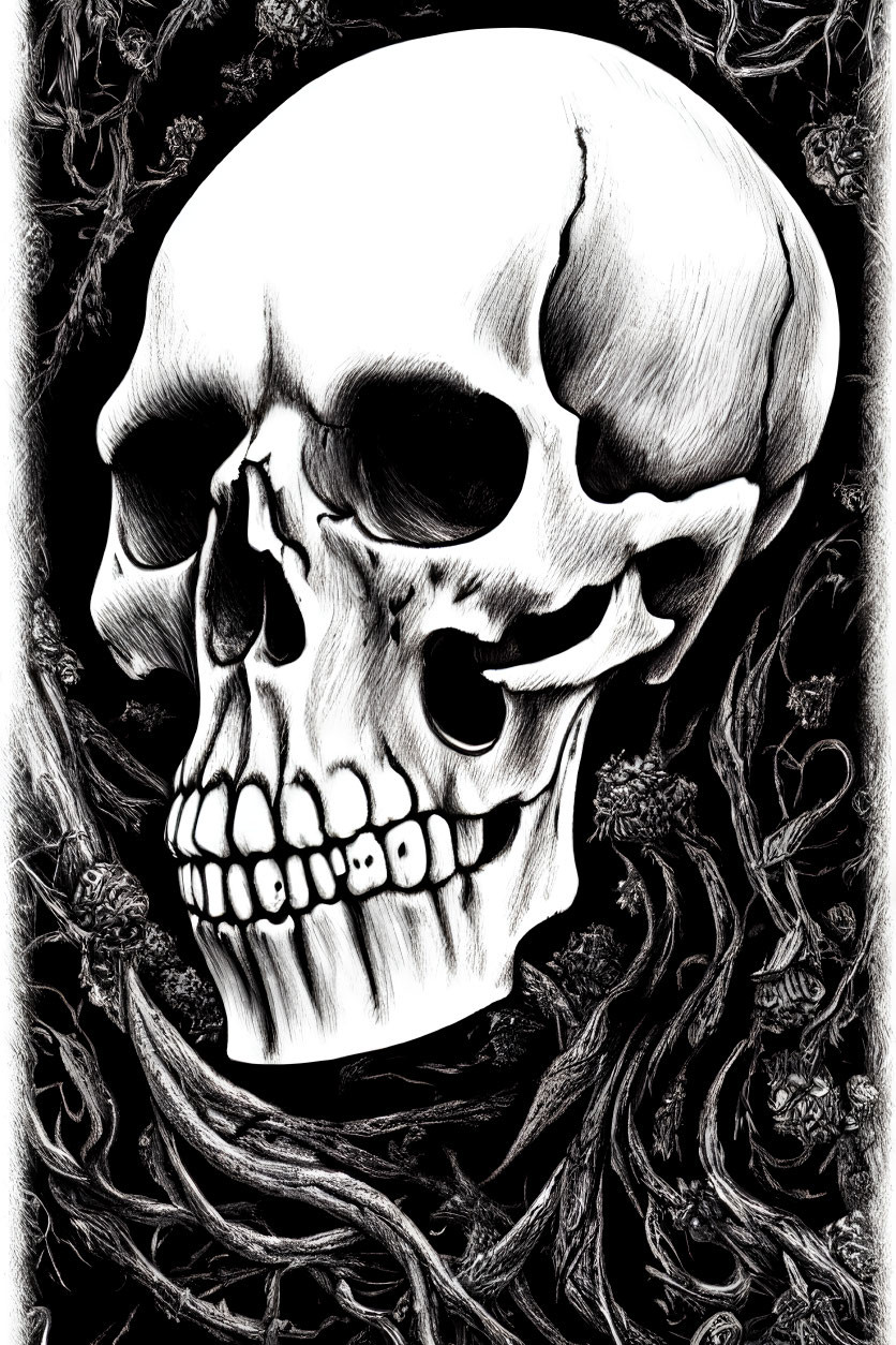 Monochrome human skull with dark vines and intricate patterns