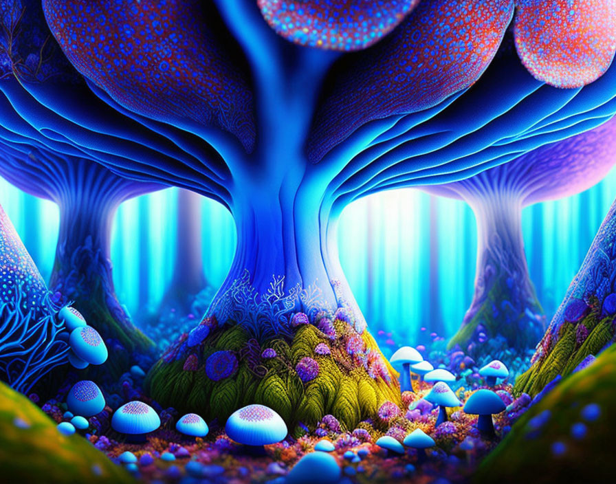 Fantastical landscape with blue tree, coral structures, and glowing mushrooms