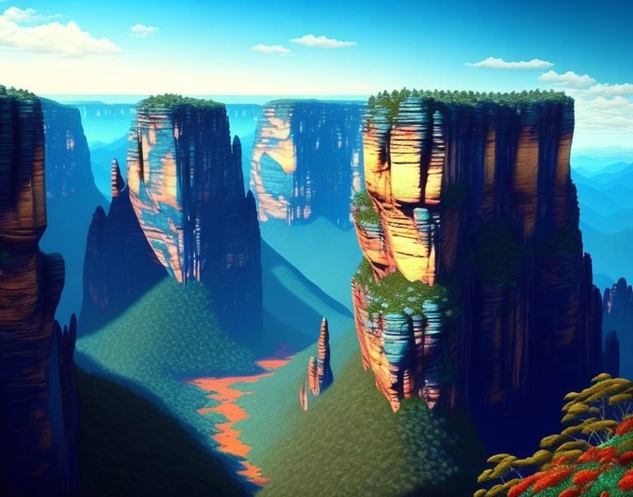 Digital art landscape of towering rock formations and river under clear sky