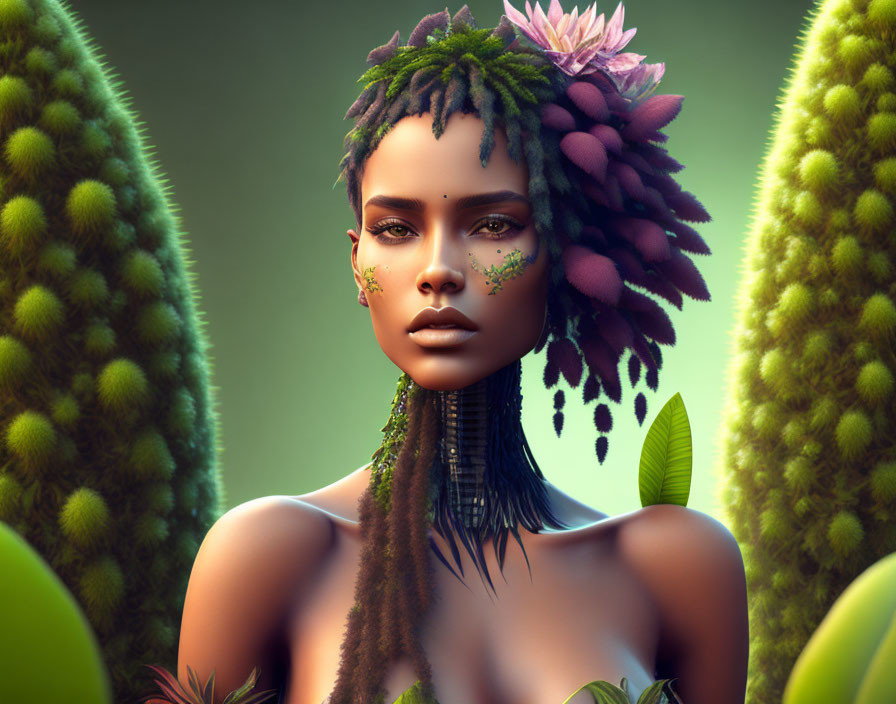 Digital artwork: Woman with plant-themed features and cacti backdrop