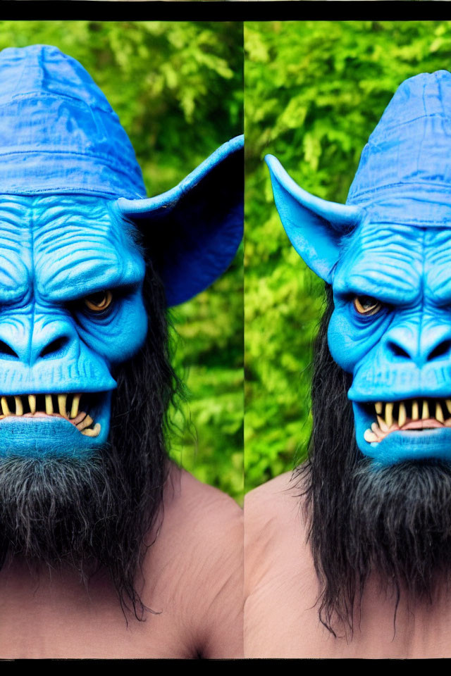 Blue Orc Mask with Pointy Ears and Black Hair on Green Leafy Background