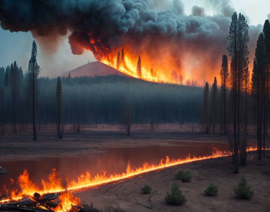 Intense forest wildfire with flames and smoke near water