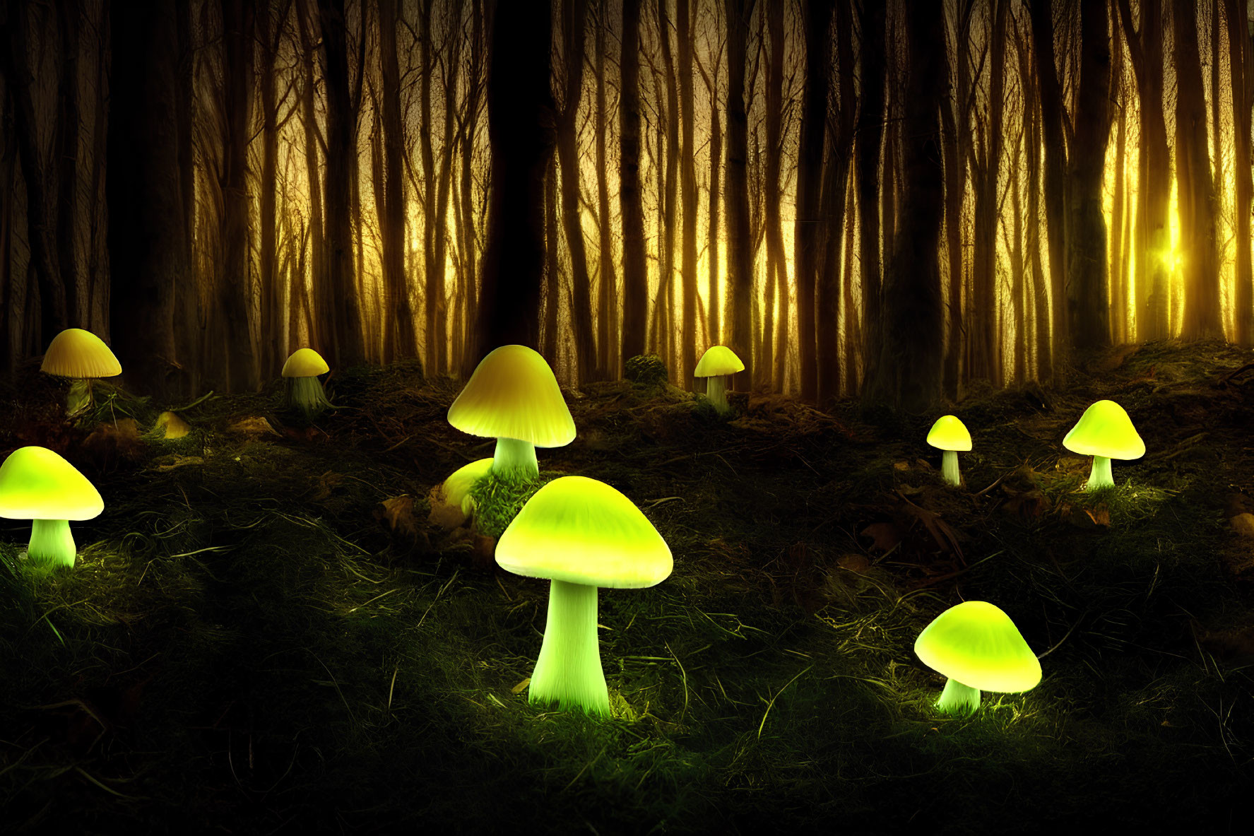 Mystical glowing mushrooms in forest at sunset