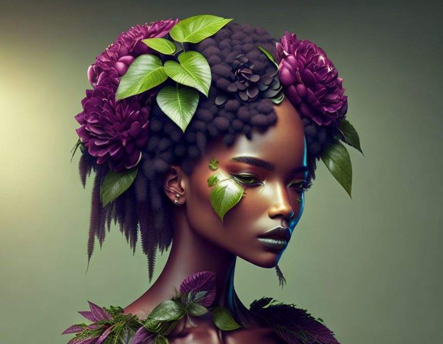 Woman with Floral and Leaf Elements in Digital Artwork