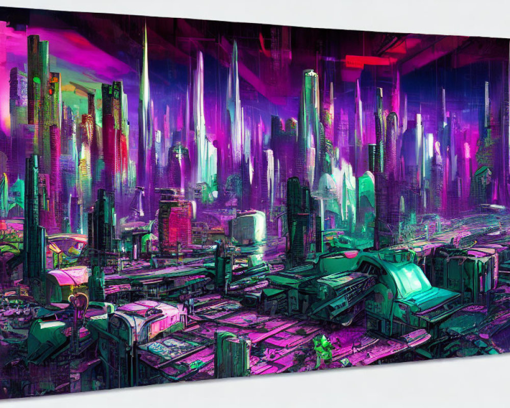 Futuristic cityscape with neon skyscrapers and light beams