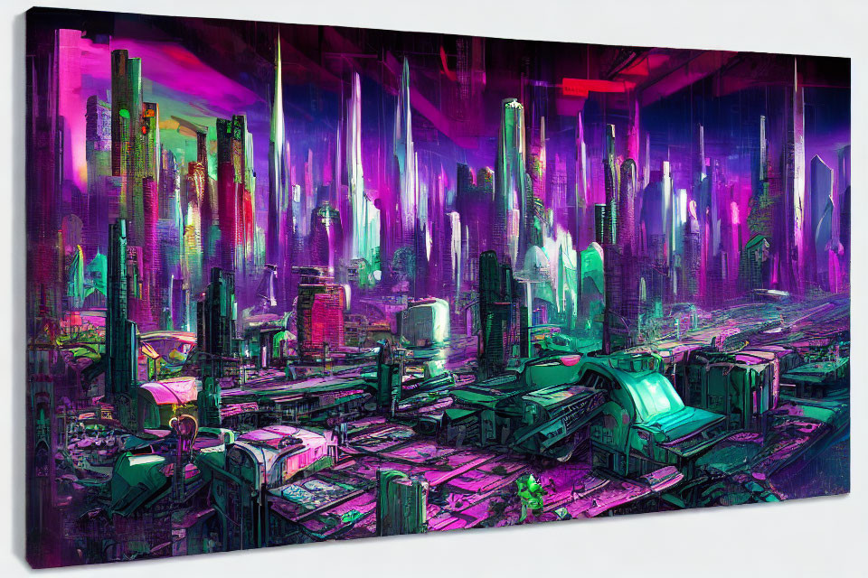 Futuristic cityscape with neon skyscrapers and light beams