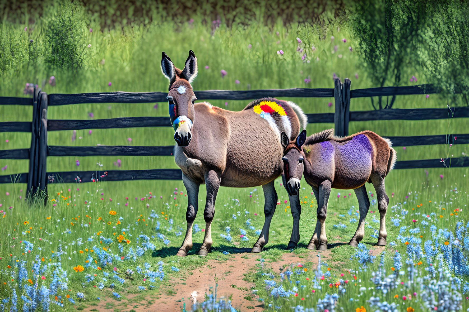 Colorfully decorated donkeys in vibrant field with wildflowers and black fence