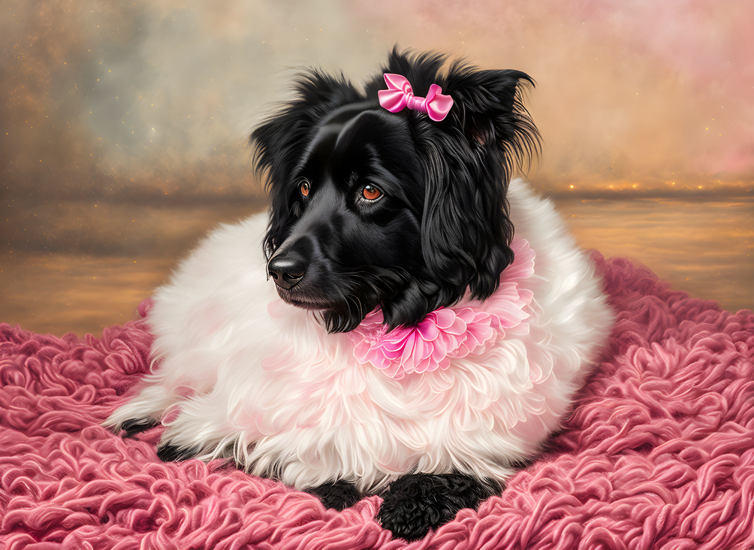 Black dog with pink bow and collar on pink surface with multicolored backdrop