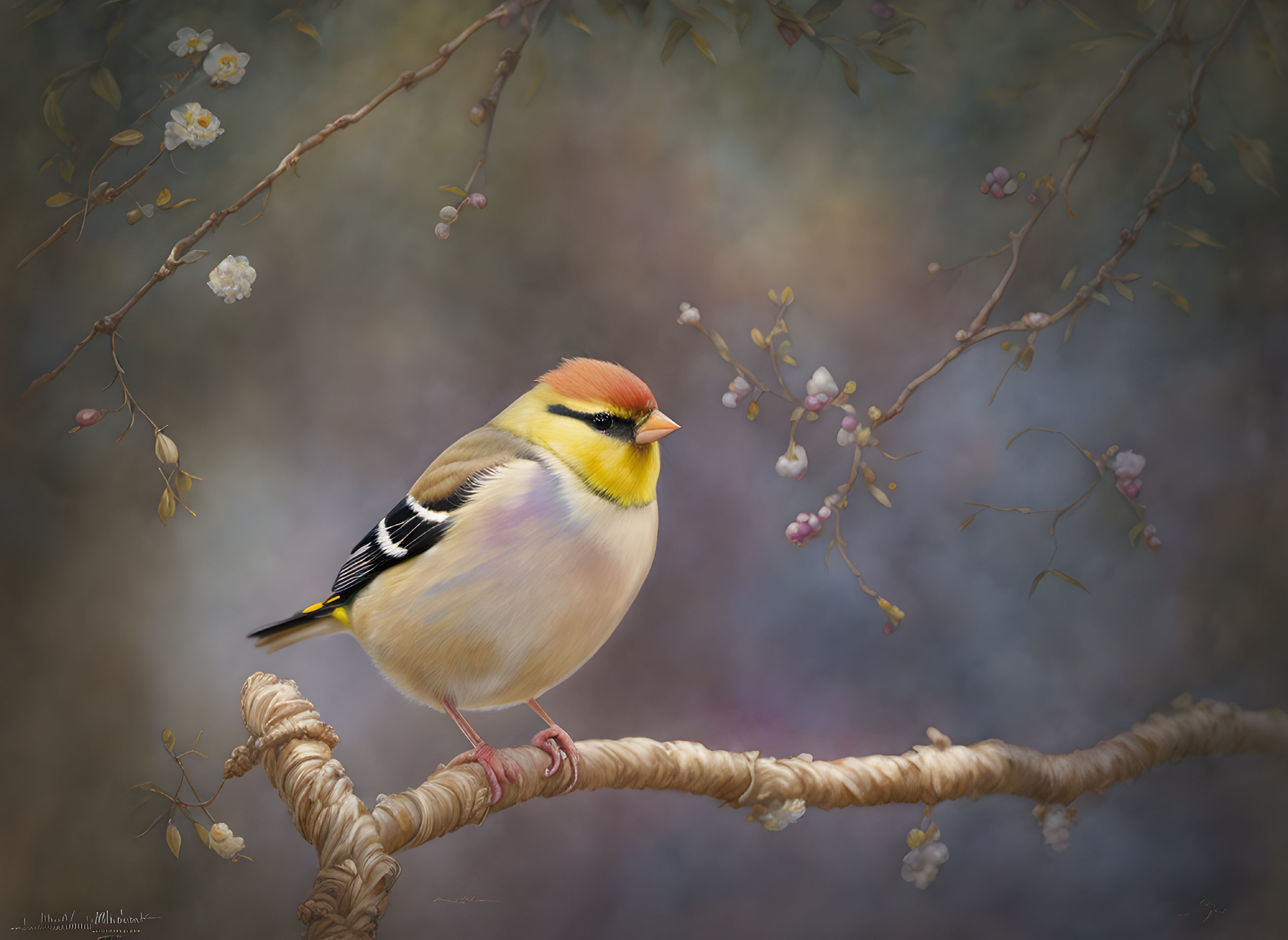 Colorful finch perched on twisted branch among white and pink blossoms