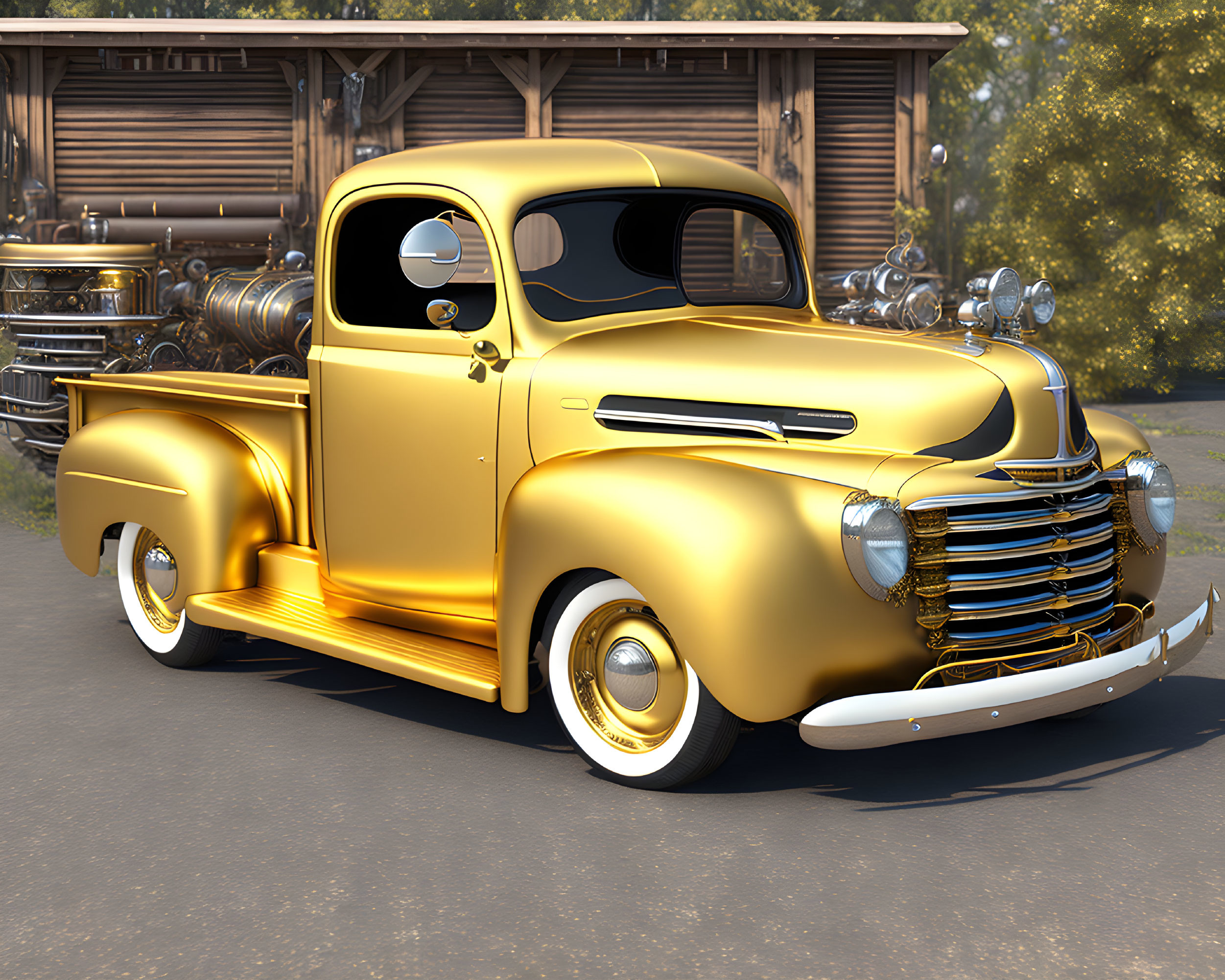 Vintage golden pickup truck parked on paved road near wooden barns under clear sky